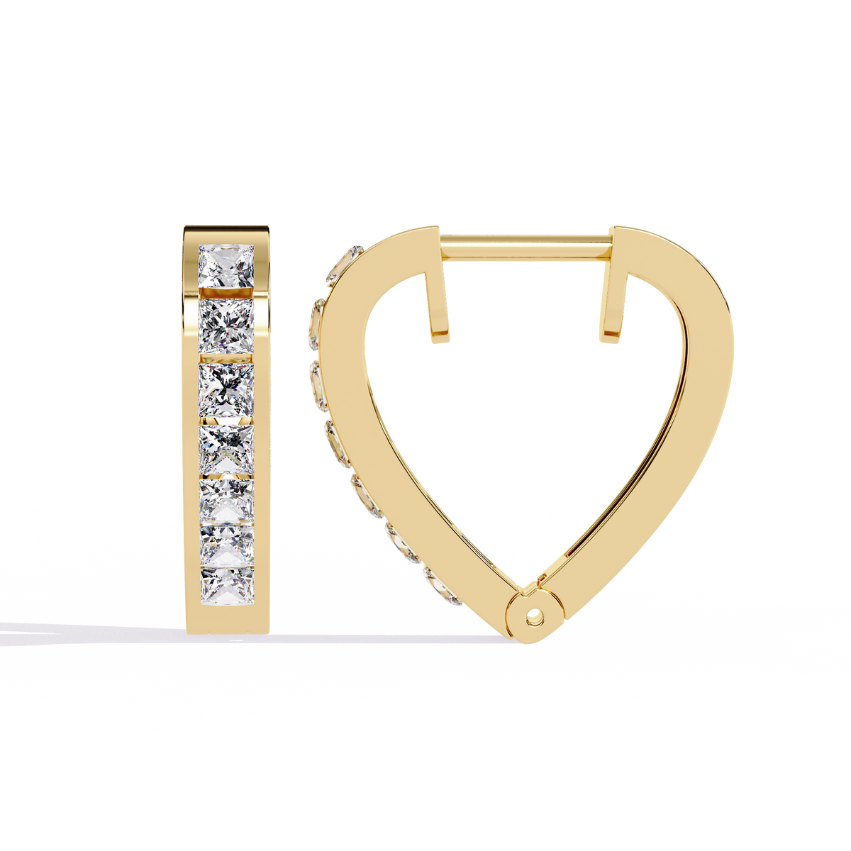 0.8 CTW princess-cut diamond heart hoop earrings in Yellow Gold, side view – Lunéa Paris