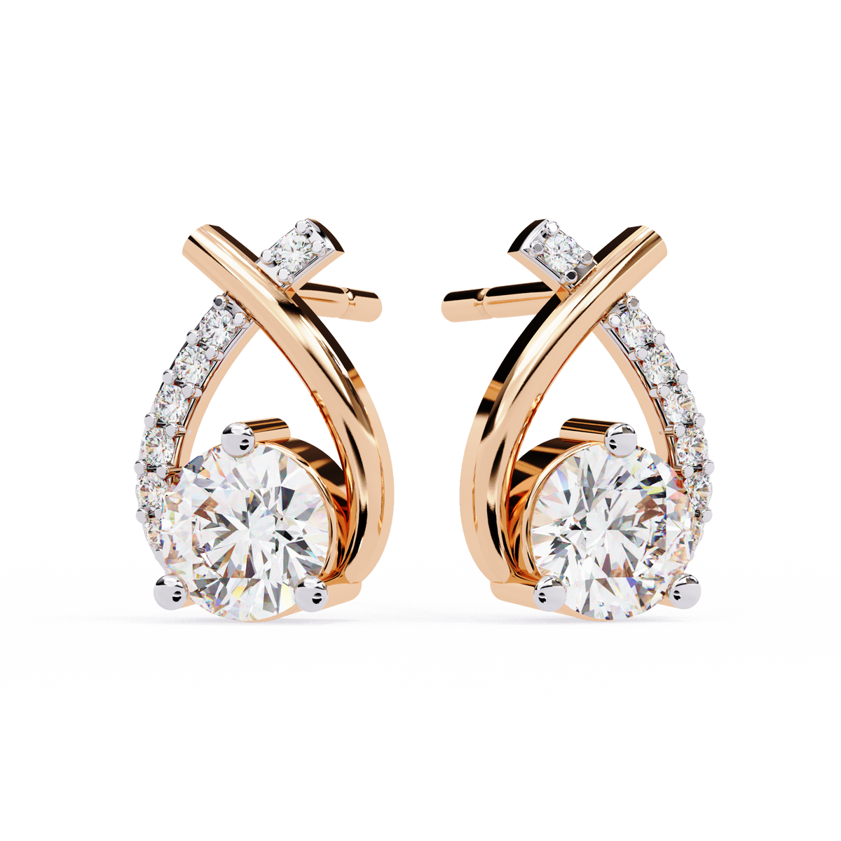 1.3 CTW round diamond crossover teardrop stud earrings in Rose Gold, front view – Lunéa Paris