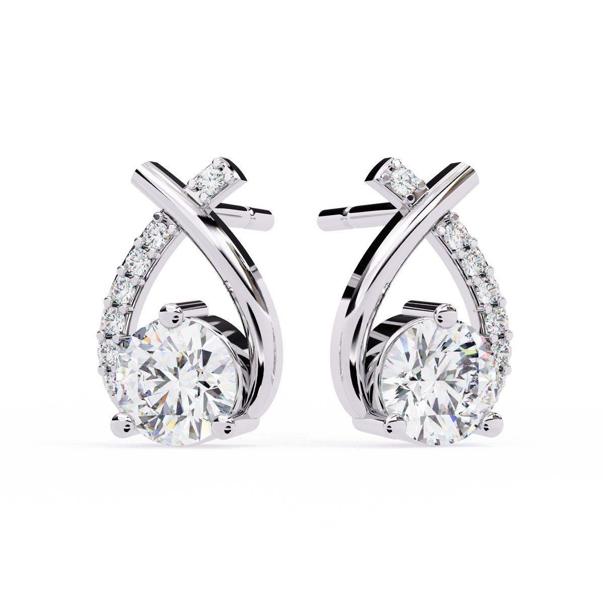 1.3 CTW round diamond crossover teardrop stud earrings in White Gold, front view – Lunéa Paris