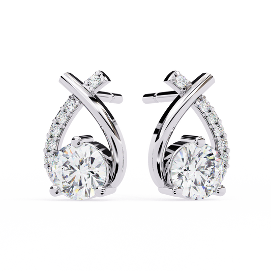 1.3 CTW round diamond crossover teardrop stud earrings in White Gold, front view – Lunéa Paris