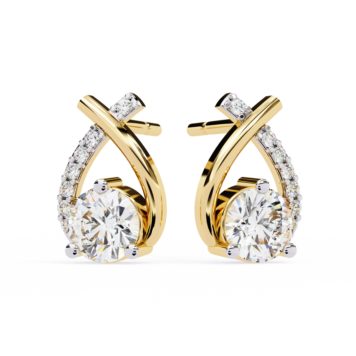 1.3 CTW round diamond crossover teardrop stud earrings in Yellow Gold, front view – Lunéa Paris