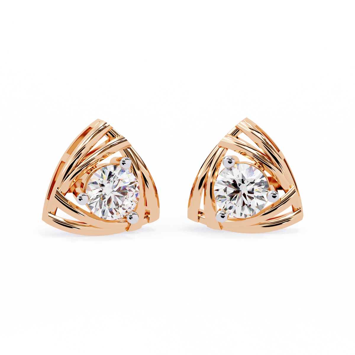 0.6 CTW round diamond triangular swirl stud earrings in Rose Gold, front view – Lunéa Paris