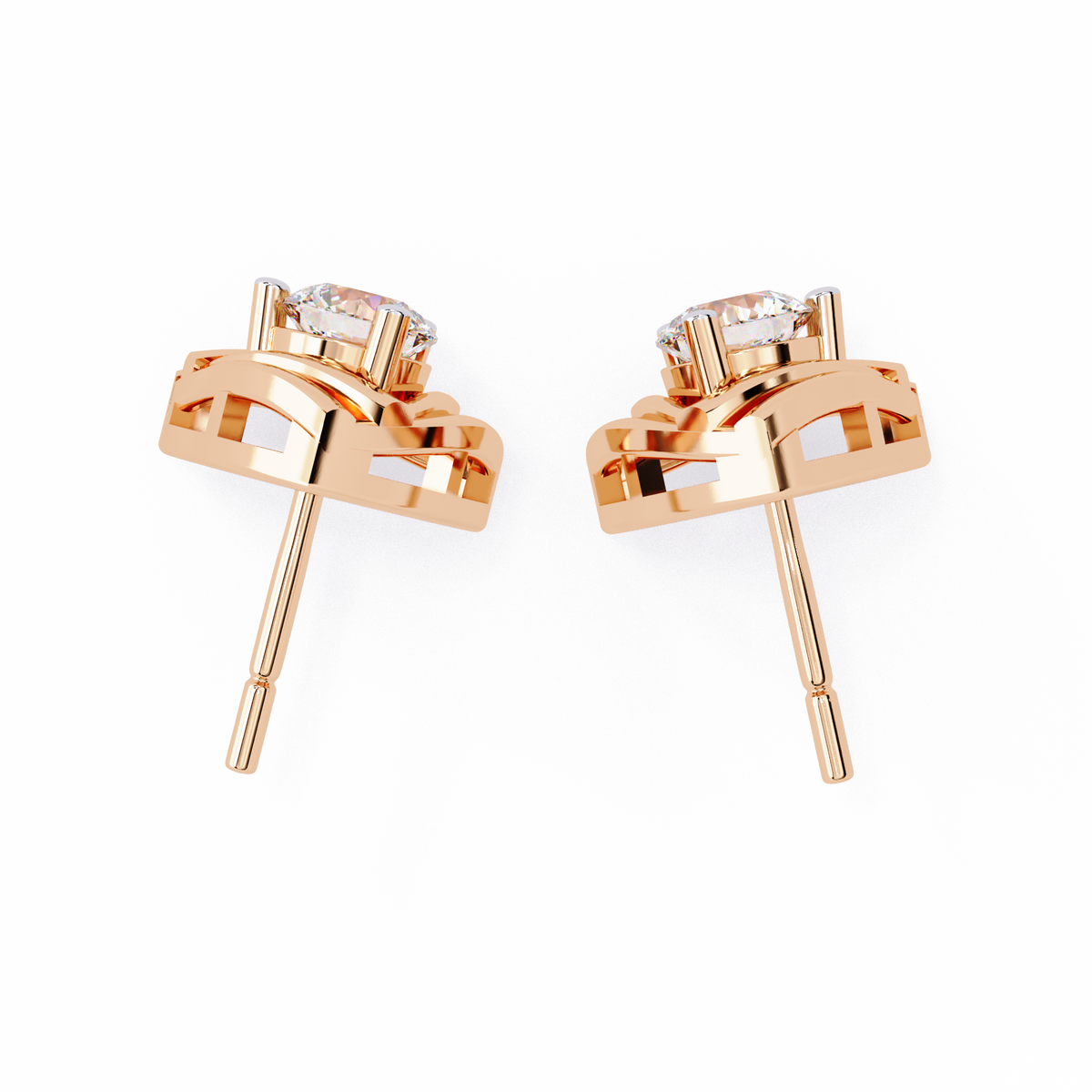 0.6 CTW round diamond triangular swirl stud earrings in Rose Gold, rear view – Lunéa Paris