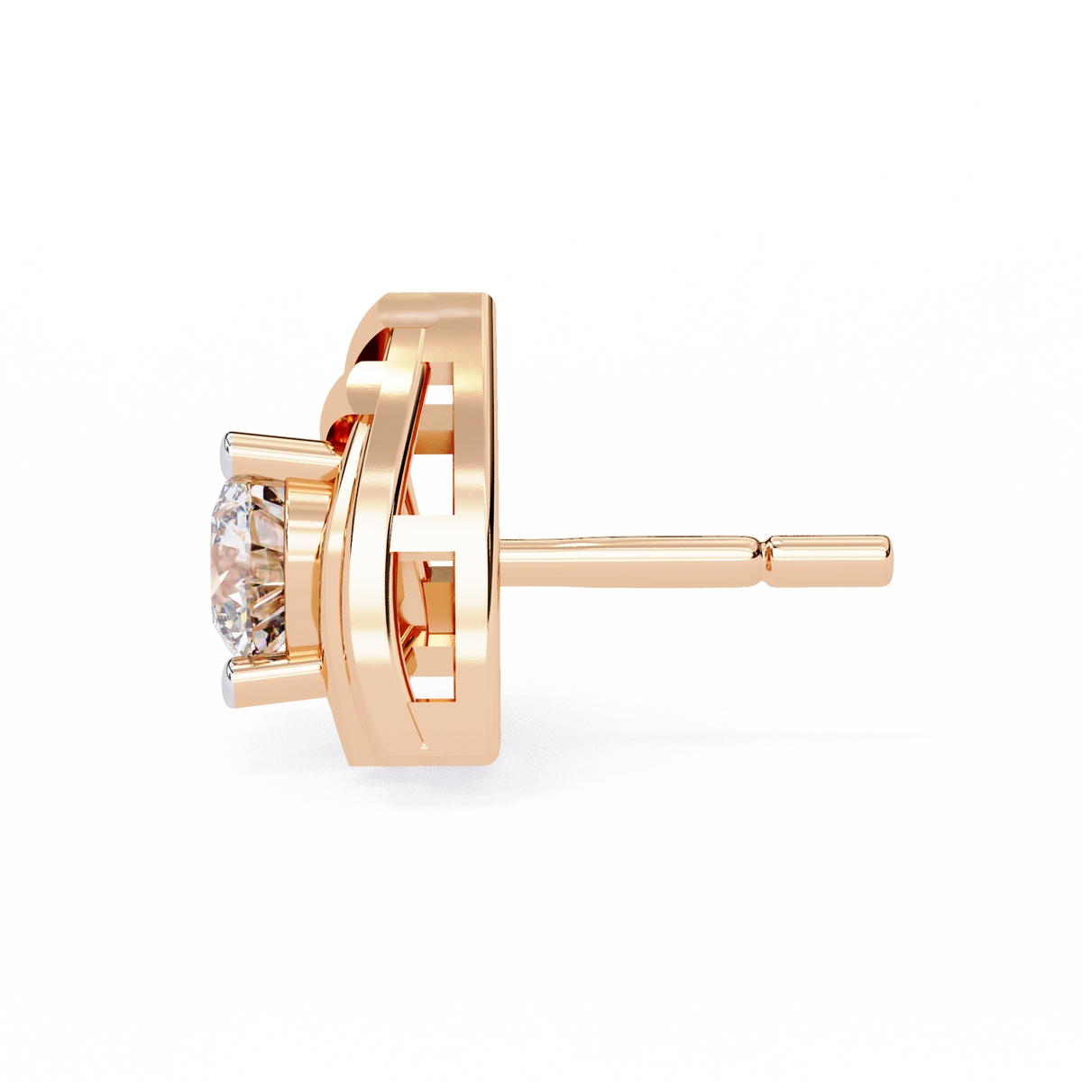 0.6 CTW round diamond triangular swirl stud earrings in Rose Gold, side view – Lunéa Paris