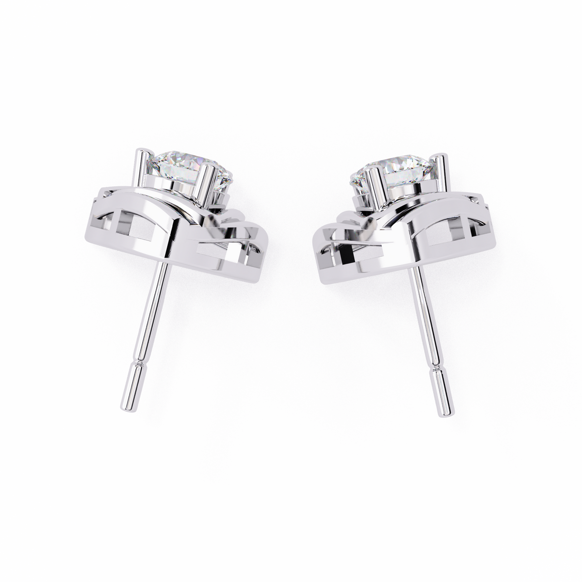 0.6 CTW round diamond triangular swirl stud earrings in White Gold, rear view – Lunéa Paris