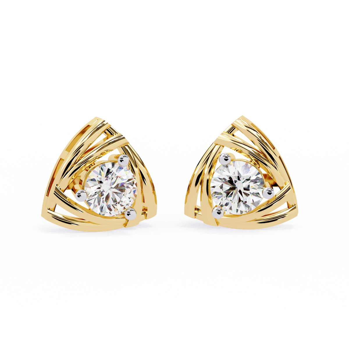 0.6 CTW round diamond triangular swirl stud earrings in Yellow Gold, front view – Lunéa Paris