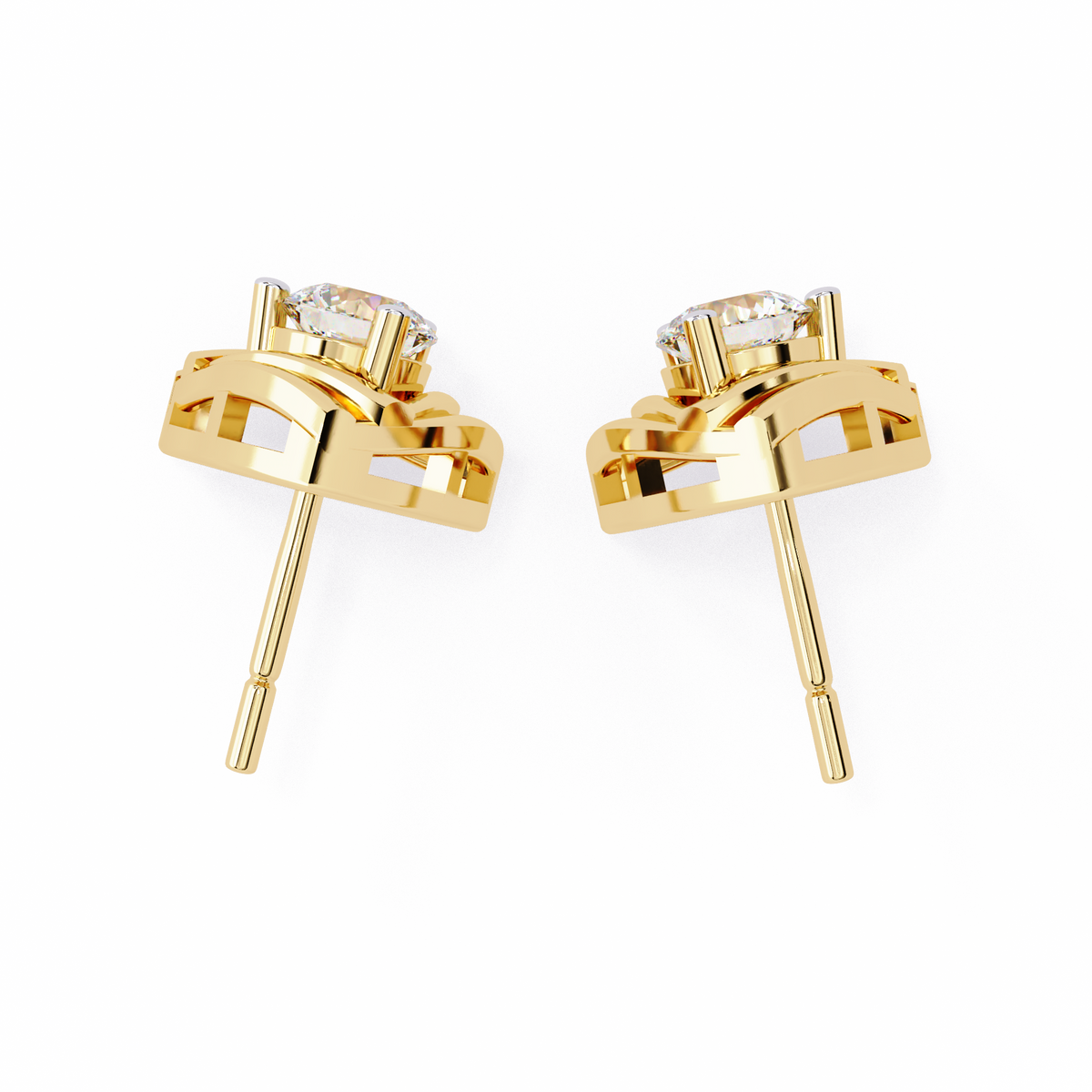 0.6 CTW round diamond triangular swirl stud earrings in Yellow Gold, rear view – Lunéa Paris