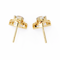 0.6 CTW round diamond triangular swirl stud earrings in Yellow Gold, rear view – Lunéa Paris