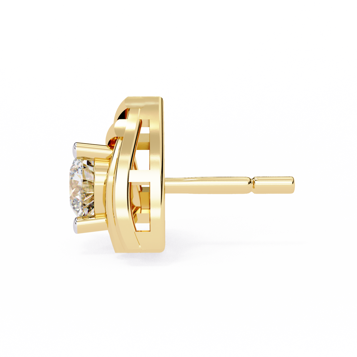 0.6 CTW round diamond triangular swirl stud earrings in Yellow Gold, side view – Lunéa Paris