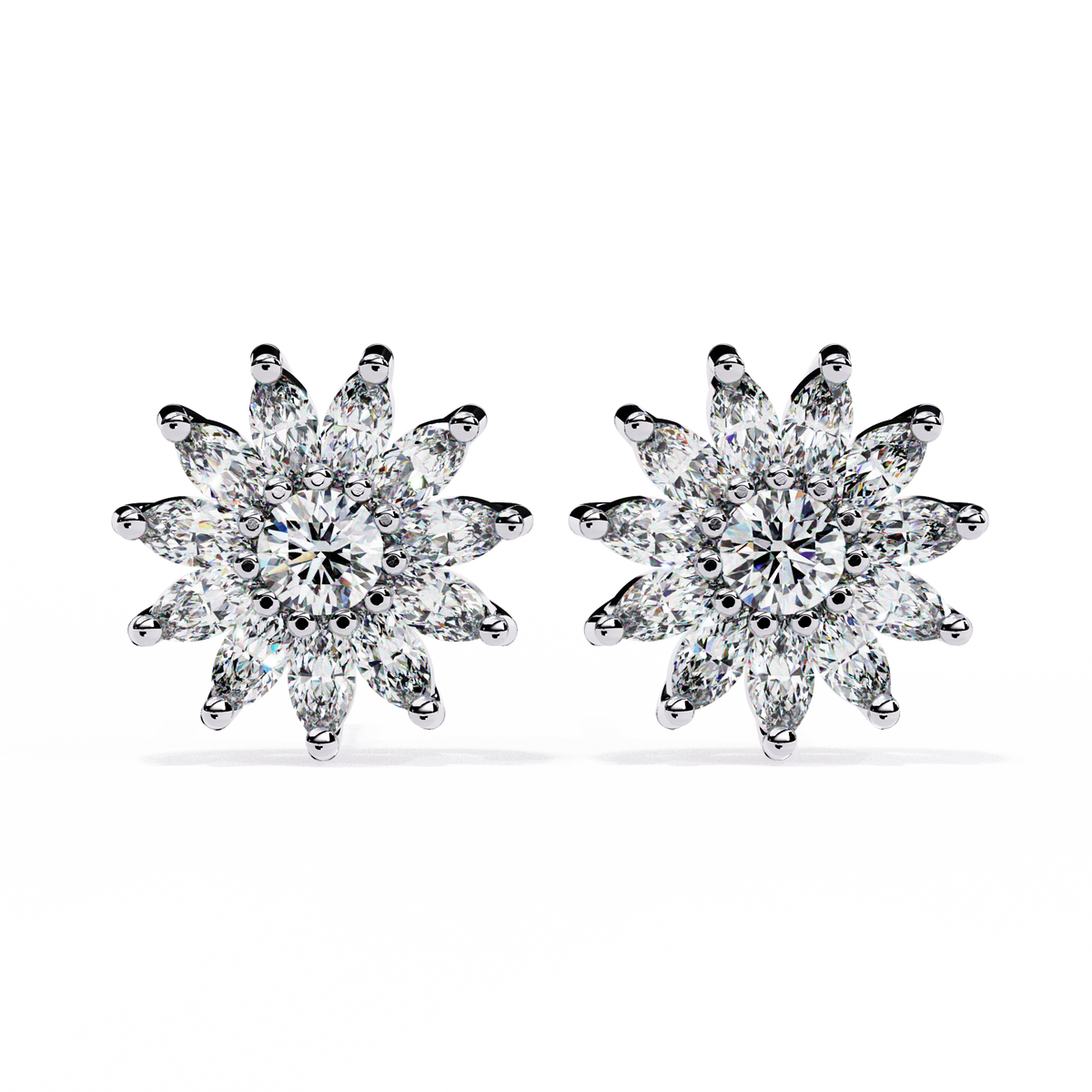 1.3 CTW marquise halo round diamond floral stud earrings in Rose Gold, front view – Lunéa Paris