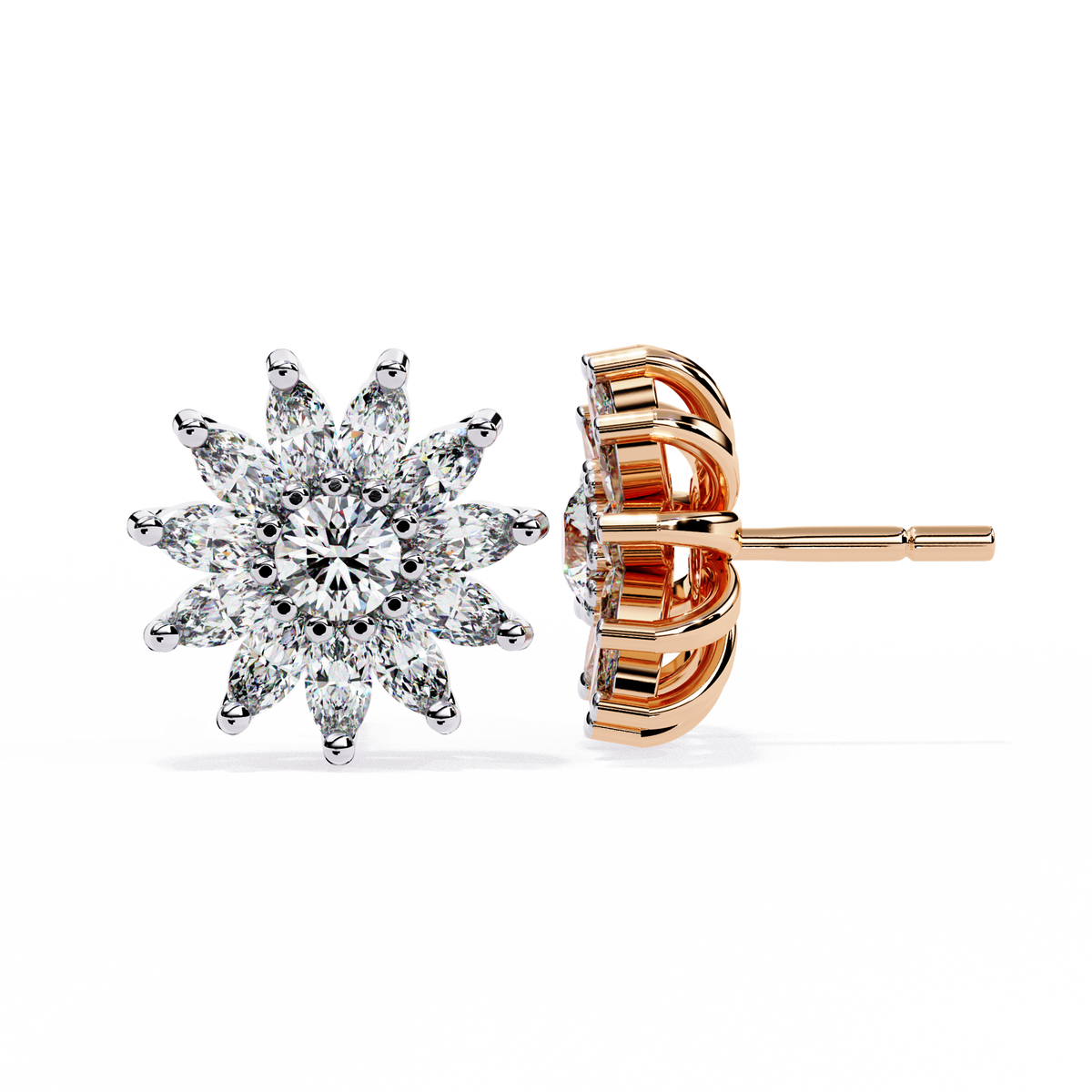 1.3 CTW marquise halo round diamond floral stud earrings in Rose Gold, side view – Lunéa Paris