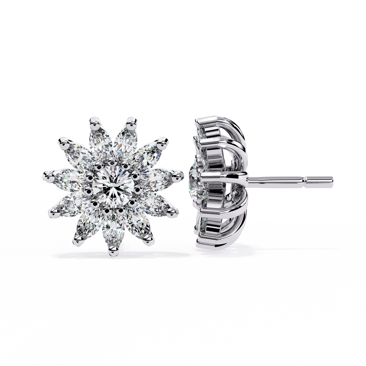1.3 CTW marquise halo round diamond floral stud earrings in White Gold, side view – Lunéa Paris