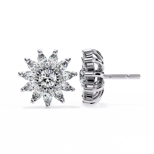 1.3 CTW marquise halo round diamond floral stud earrings in White Gold, side view – Lunéa Paris
