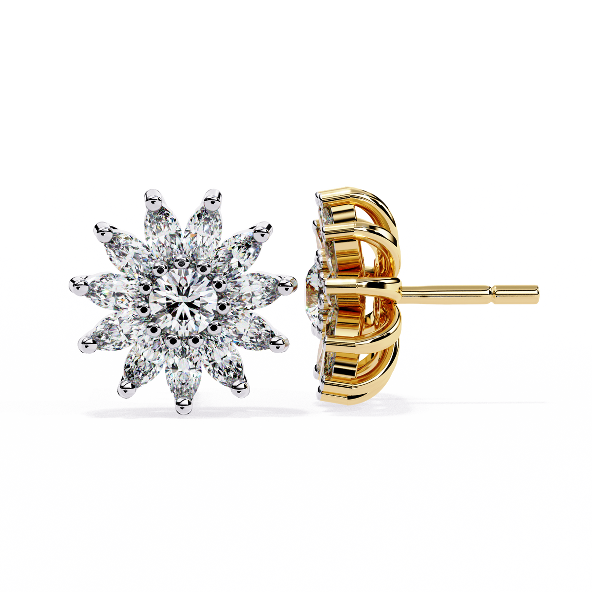 1.3 CTW marquise halo round diamond floral stud earrings in Yellow Gold, side view – Lunéa Paris
