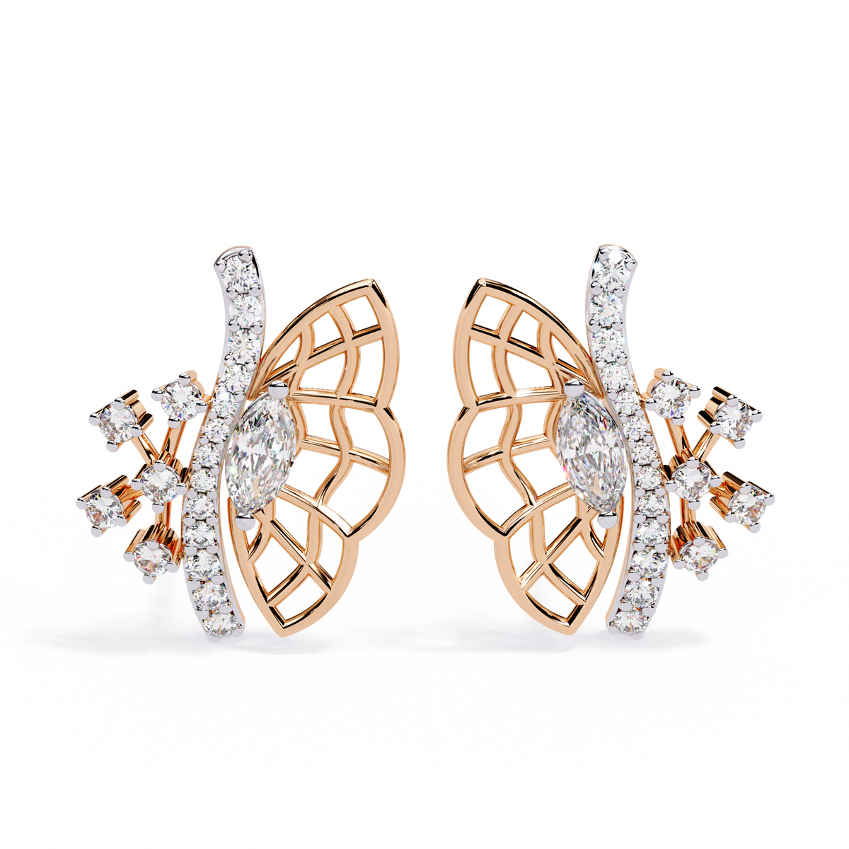 0.4 CTW marquise and round diamond butterfly stud earrings in Rose Gold, front view – Lunéa Paris