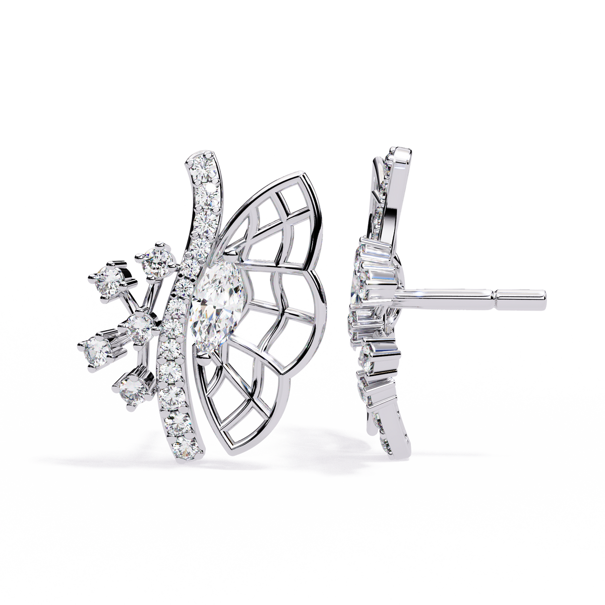 0.4 CTW marquise and round diamond butterfly stud earrings in White Gold, angled view – Lunéa Paris