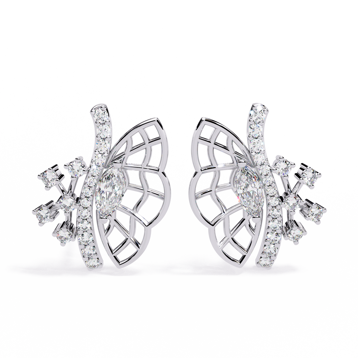 0.4 CTW marquise and round diamond butterfly stud earrings in White Gold, front view – Lunéa Paris
