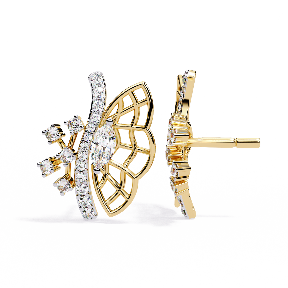 0.4 CTW marquise and round diamond butterfly stud earrings in Yellow Gold, angled view – Lunéa Paris