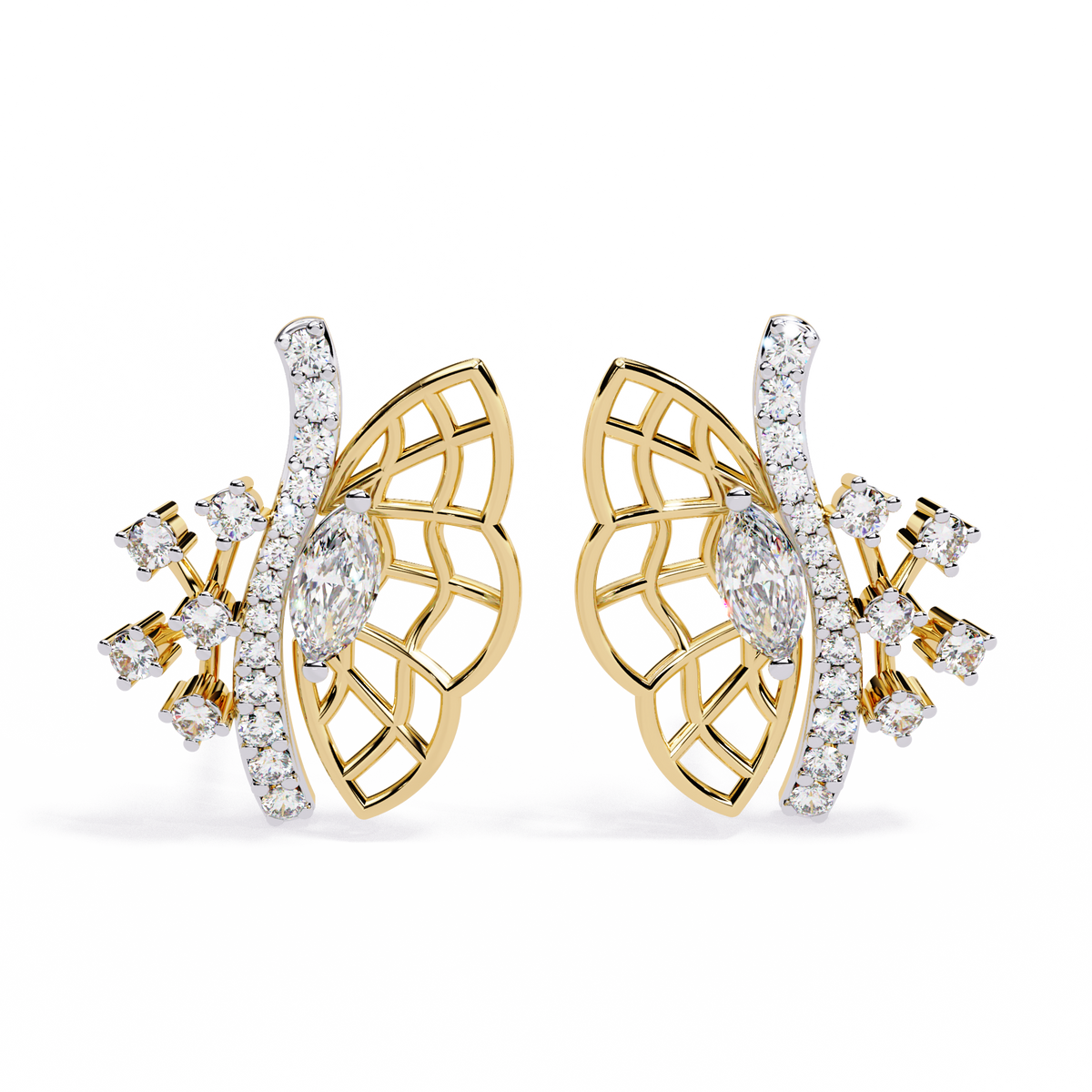 0.4 CTW marquise and round diamond butterfly stud earrings in Yellow Gold, front view – Lunéa Paris