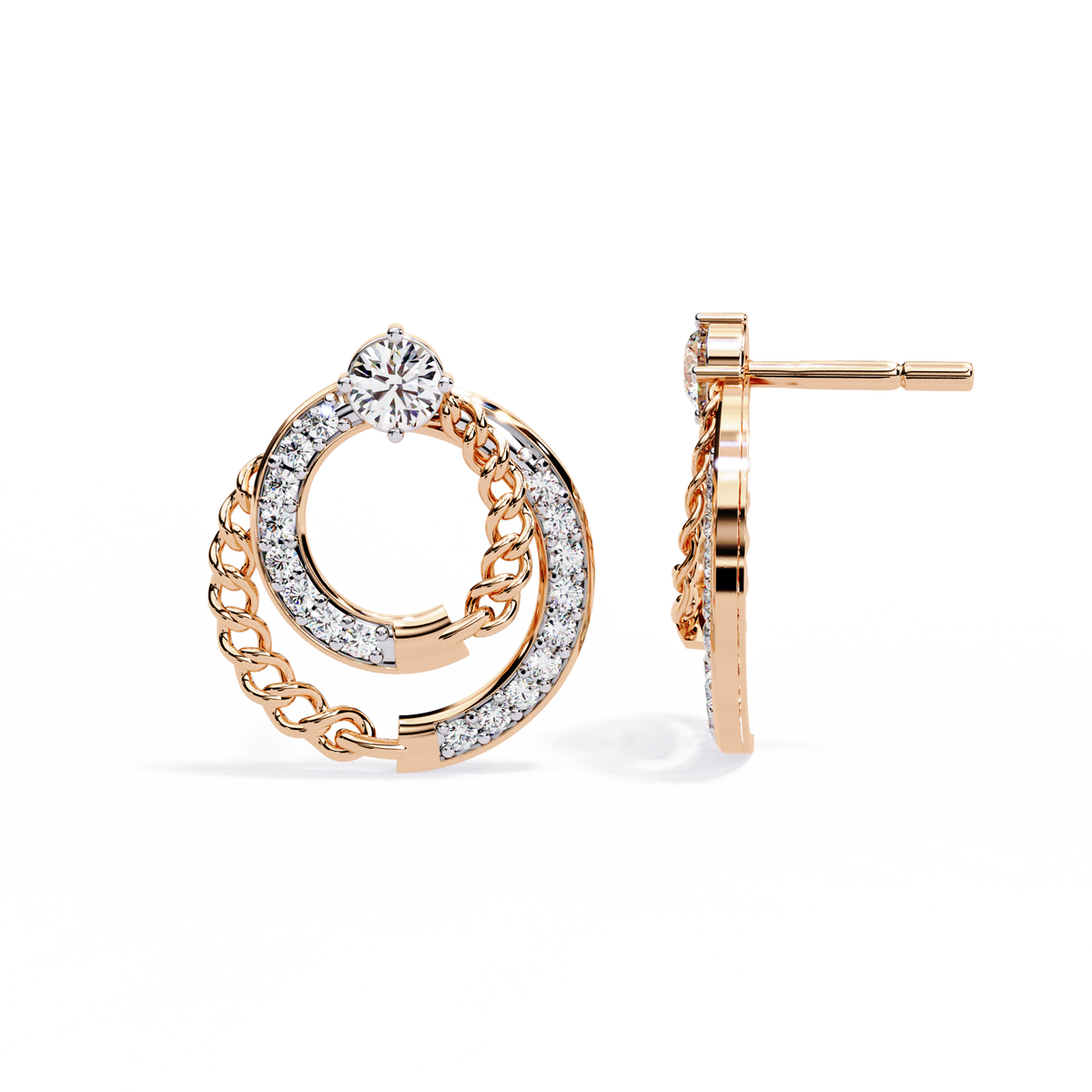 0.5 CTW round diamond chain-loop stud earrings in Rose Gold, angled view – Lunéa Paris