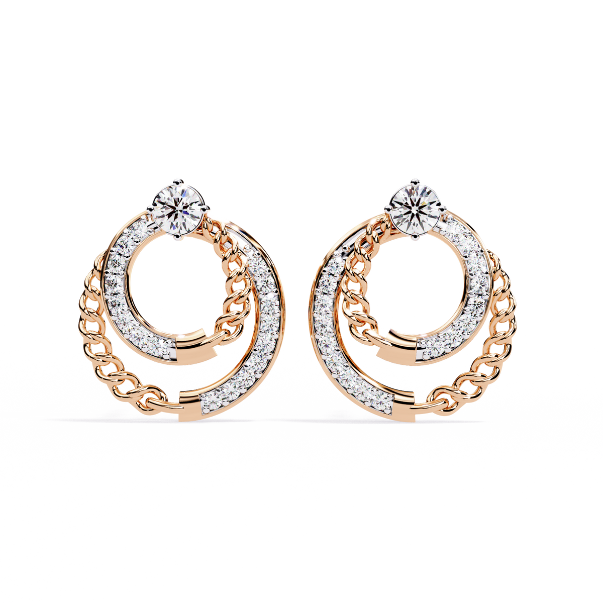 0.5 CTW round diamond chain-loop stud earrings in Rose Gold, front view – Lunéa Paris