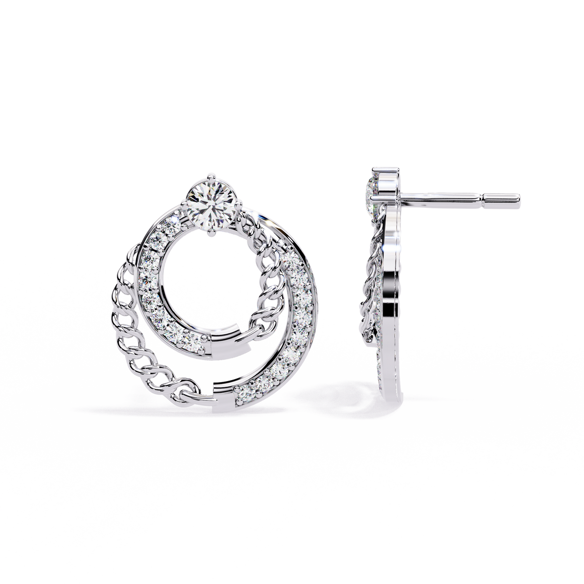 0.5 CTW round diamond chain-loop stud earrings in White Gold, angled view – Lunéa Paris