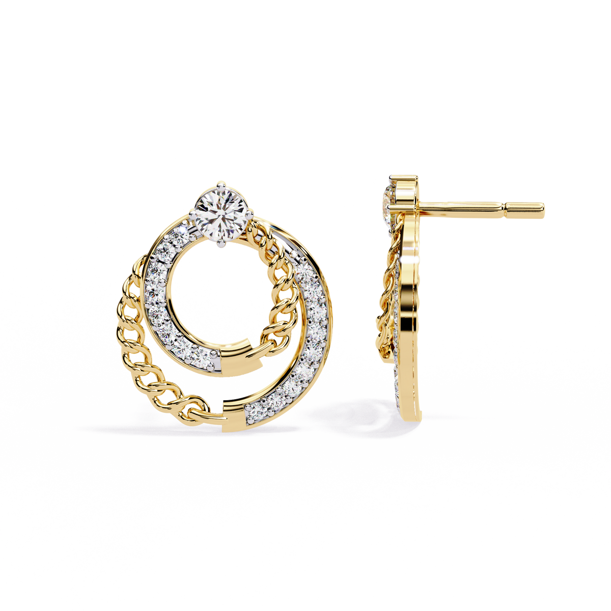 0.5 CTW round diamond chain-loop stud earrings in Yellow Gold, angled view – Lunéa Paris
