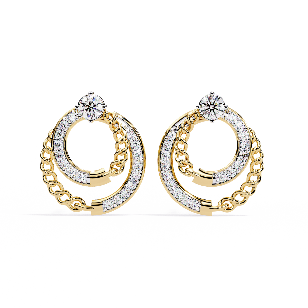0.5 CTW round diamond chain-loop stud earrings in Yellow Gold, front view – Lunéa Paris