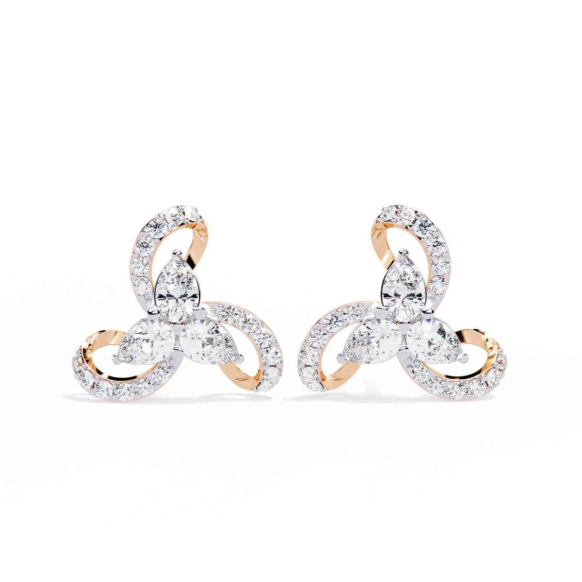 1.4 CTW pear and round diamond tri-loop stud earrings in Rose Gold, front view – Lunéa Paris