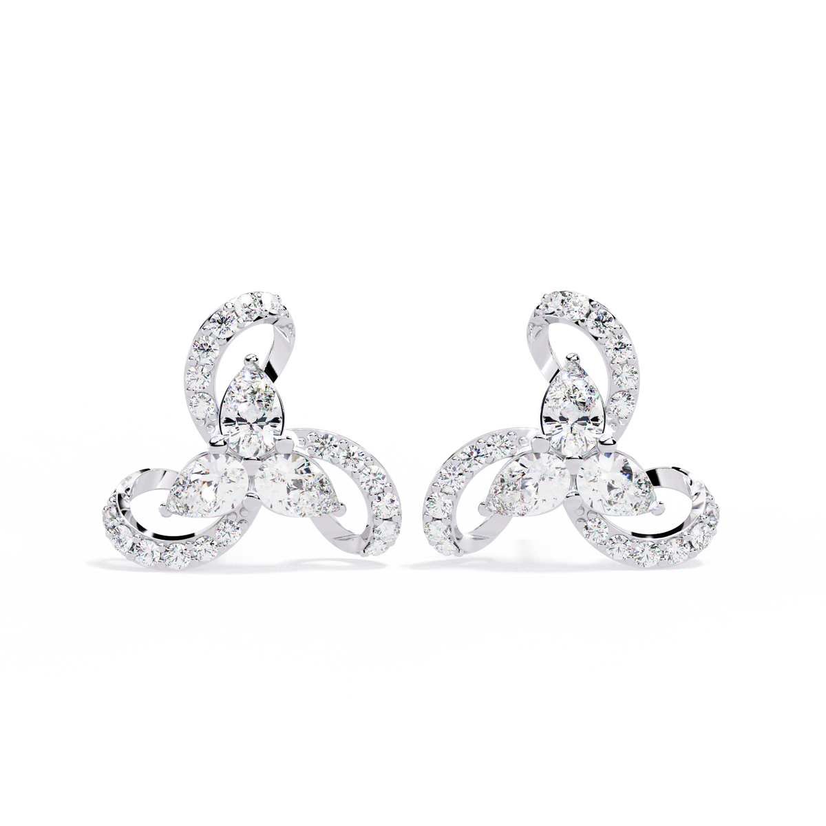 1.4 CTW pear and round diamond tri-loop stud earrings in White Gold, front view – Lunéa Paris