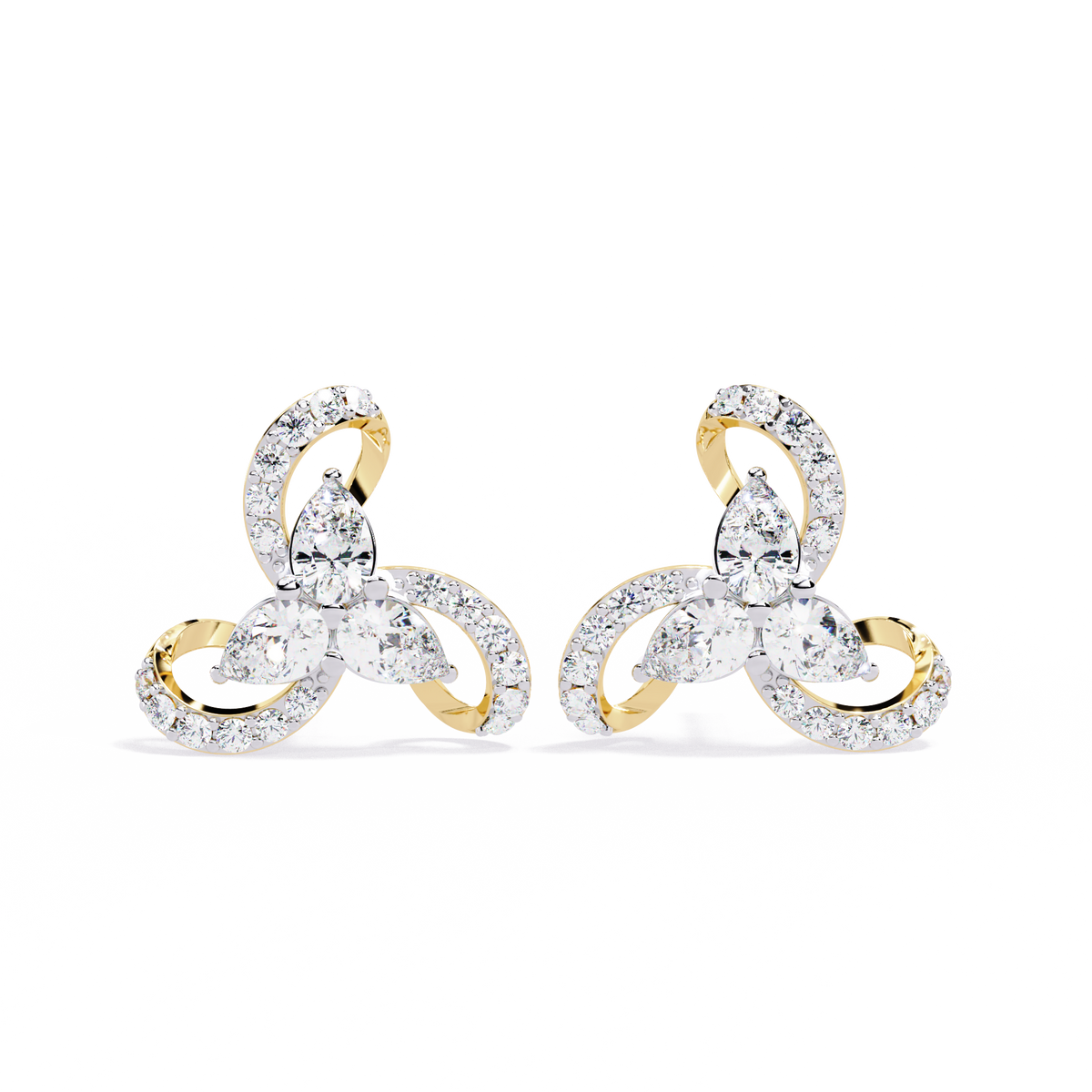 1.4 CTW pear and round diamond tri-loop stud earrings in Yellow Gold, front view – Lunéa Paris