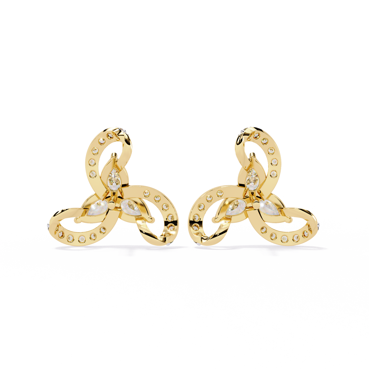 1.4 CTW pear and round diamond tri-loop stud earrings in Yellow Gold, rear view – Lunéa Paris