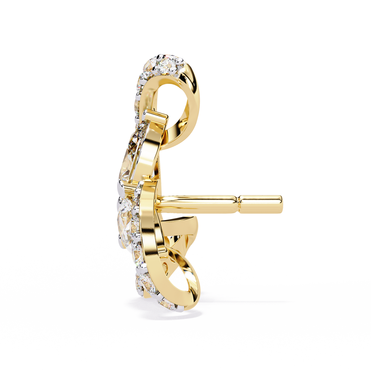 1.4 CTW pear and round diamond tri-loop stud earrings in Yellow Gold, side view – Lunéa Paris