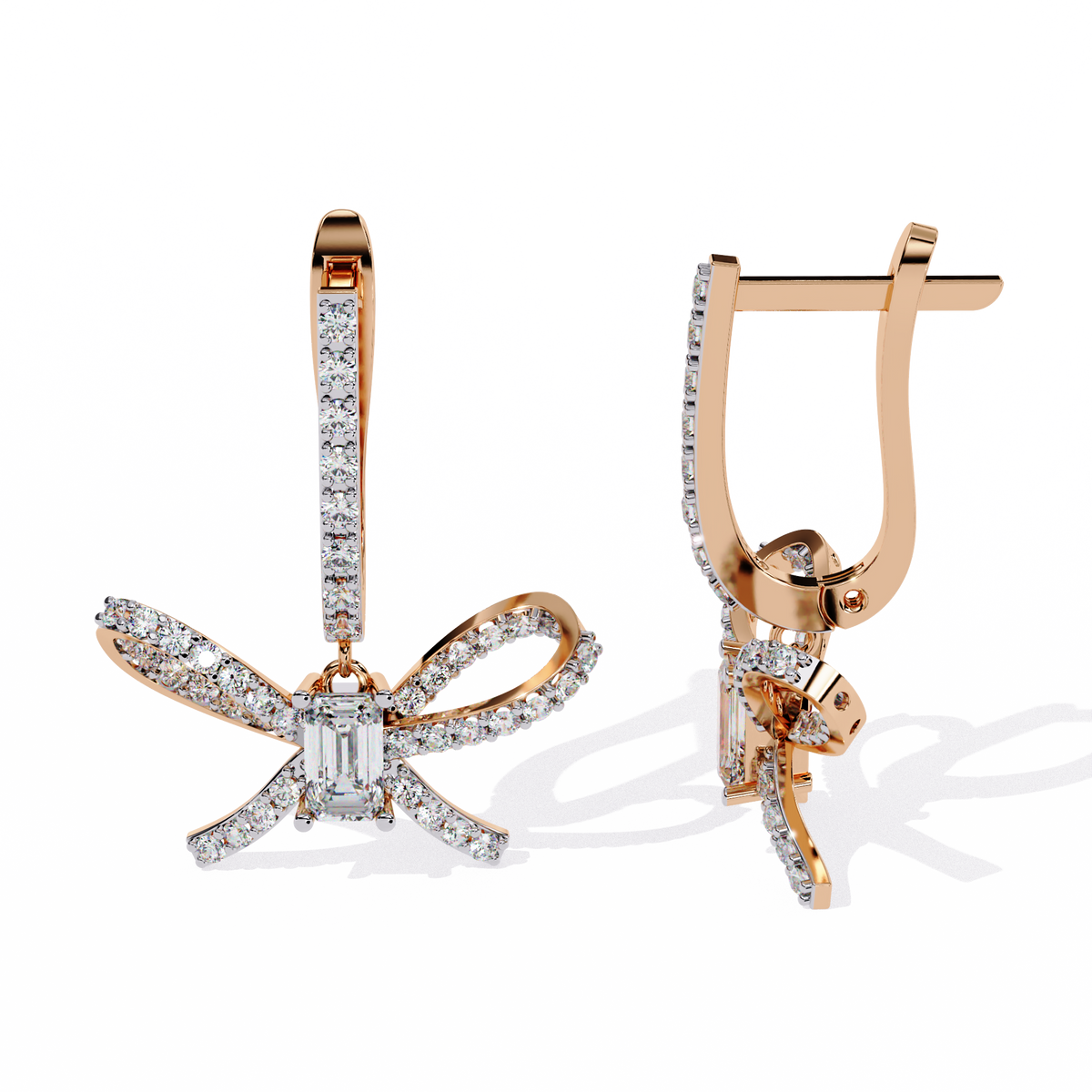 1.2 CTW emerald and round diamond bow hoop drop earrings in Rose Gold, angled view – Lunéa Paris