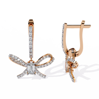 1.2 CTW emerald and round diamond bow hoop drop earrings in Rose Gold, angled view – Lunéa Paris
