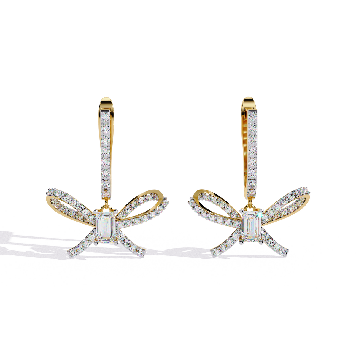 1.2 CTW emerald and round diamond bow hoop drop earrings in Yellow Gold, front view – Lunéa Paris