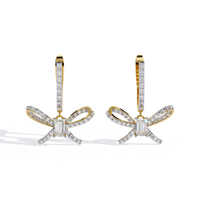 1.2 CTW emerald and round diamond bow hoop drop earrings in Yellow Gold, front view – Lunéa Paris