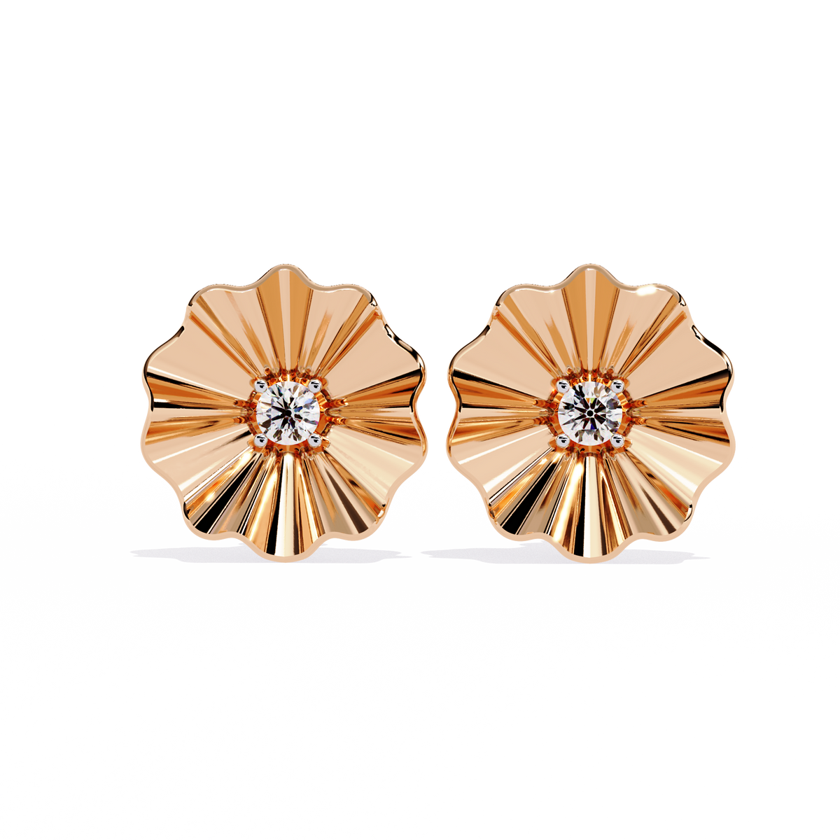 0.1 CTW round diamond fluted floral stud earrings in Rose Gold, front view – Lunéa Paris