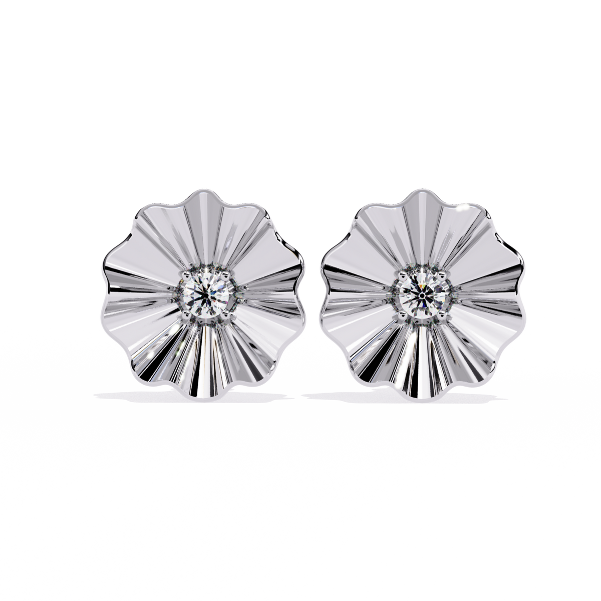 0.1 CTW round diamond fluted floral stud earrings in White Gold, front view – Lunéa Paris