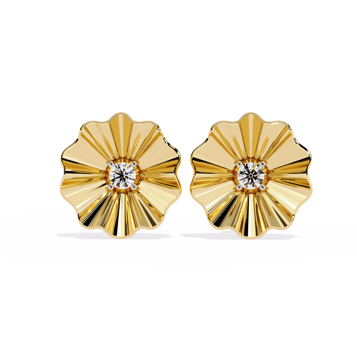 0.1 CTW round diamond fluted floral stud earrings in Yellow Gold, front view – Lunéa Paris