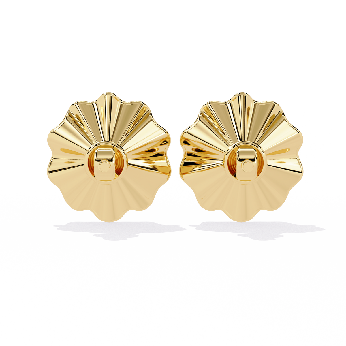 0.1 CTW round diamond fluted floral stud earrings in Yellow Gold, rear view – Lunéa Paris