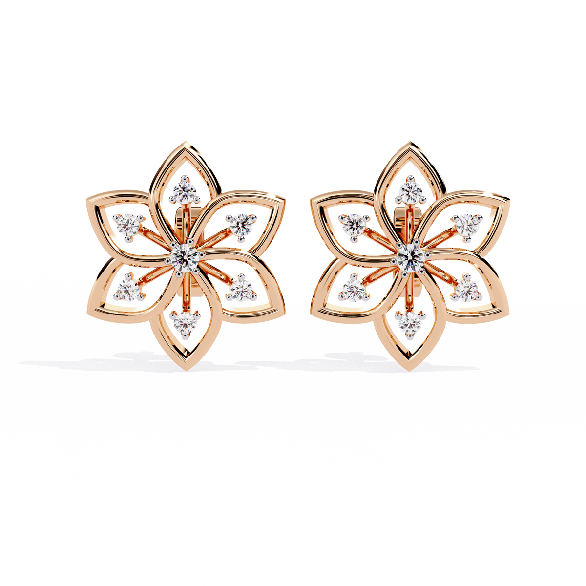 0.1 CTW round diamond six-petal floral stud earrings in Rose Gold, front view – Lunéa Paris