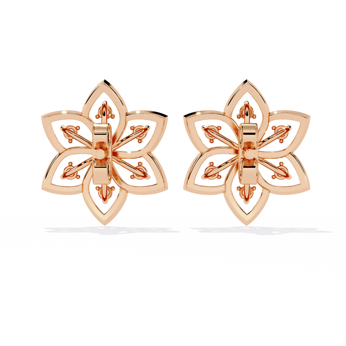 0.1 CTW round diamond six-petal floral stud earrings in Rose Gold, rear view – Lunéa Paris