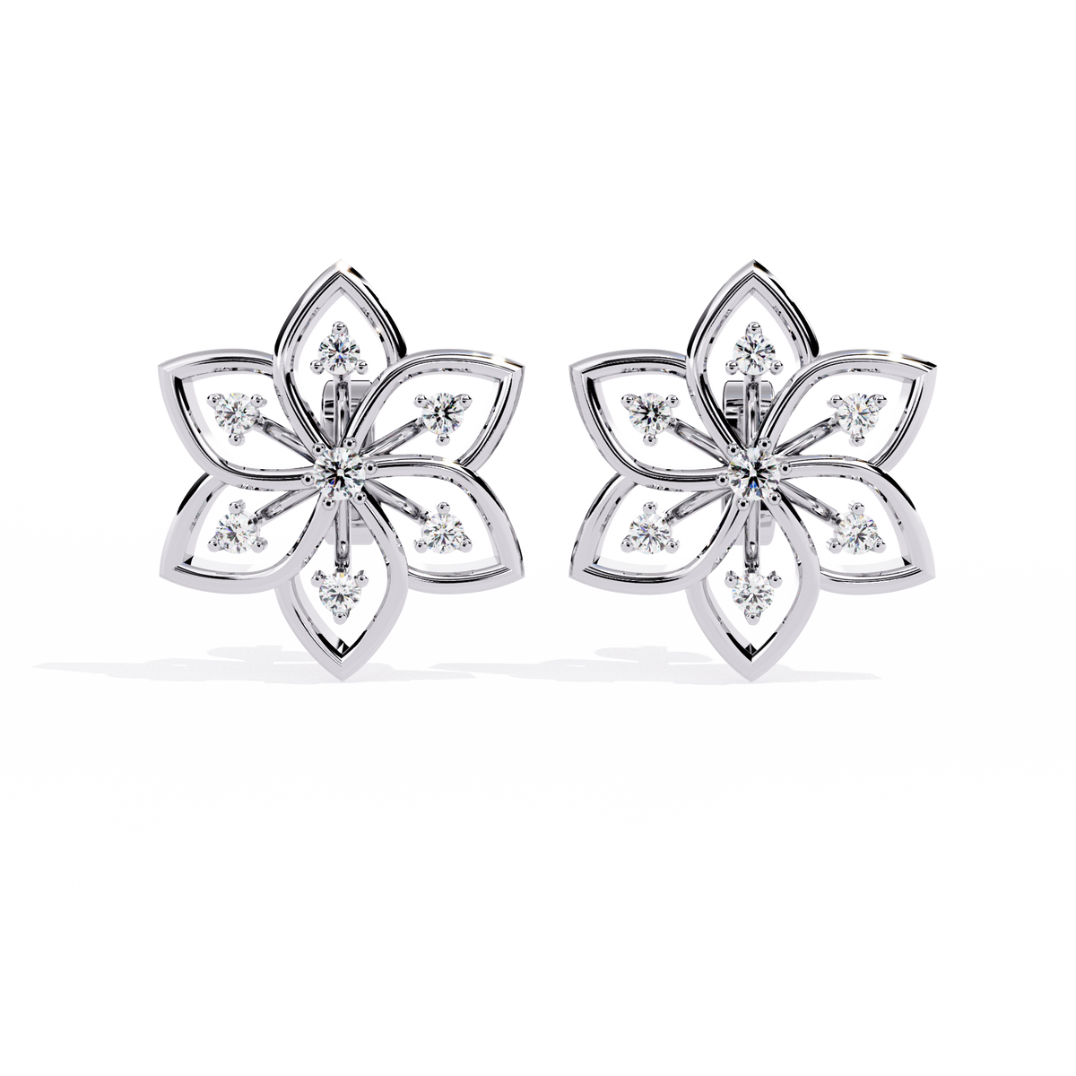 0.1 CTW round diamond six-petal floral stud earrings in White Gold, front view – Lunéa Paris