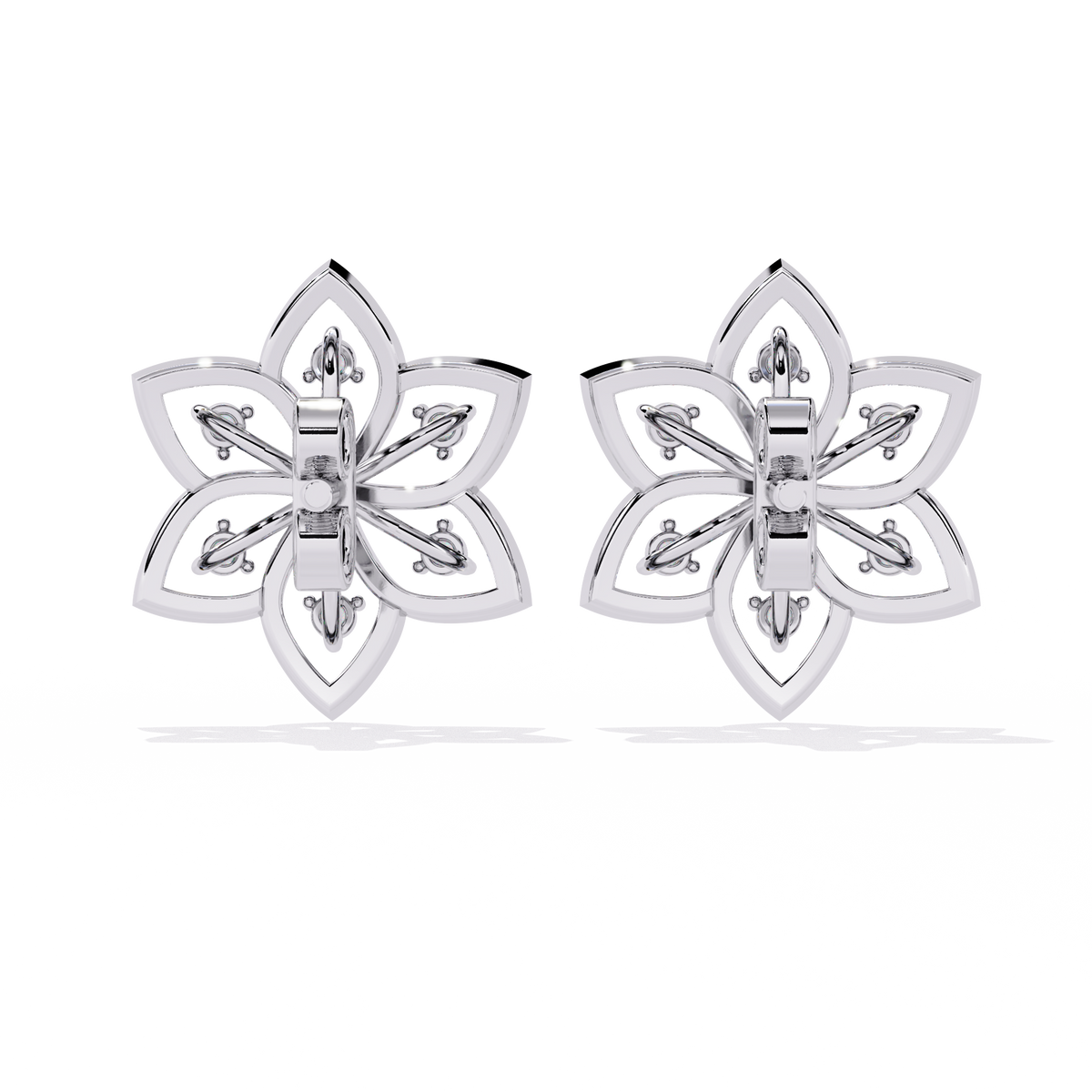 0.1 CTW round diamond six-petal floral stud earrings in White Gold, rear view – Lunéa Paris