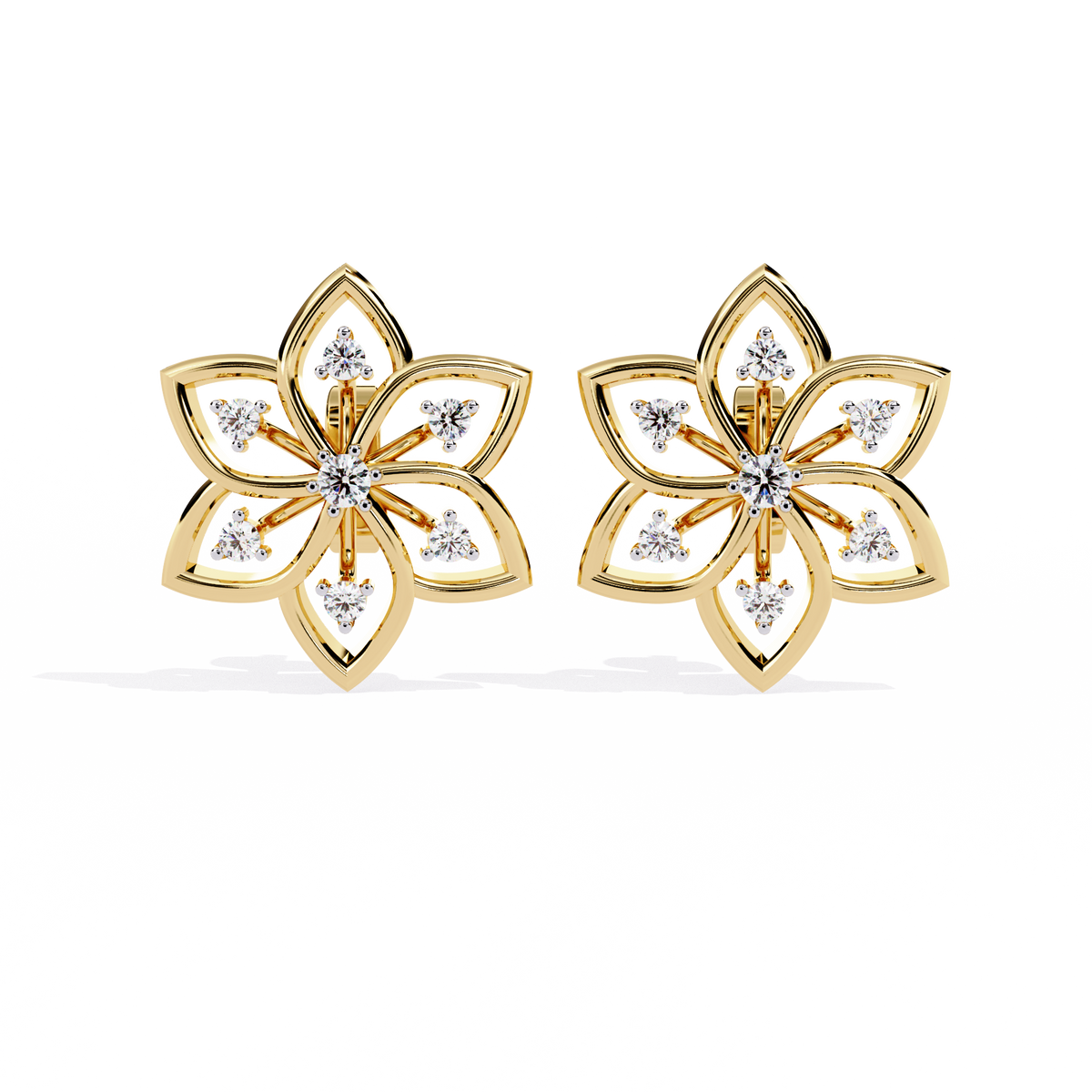 0.1 CTW round diamond six-petal floral stud earrings in Yellow Gold, front view – Lunéa Paris
