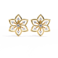 0.1 CTW round diamond six-petal floral stud earrings in Yellow Gold, front view – Lunéa Paris