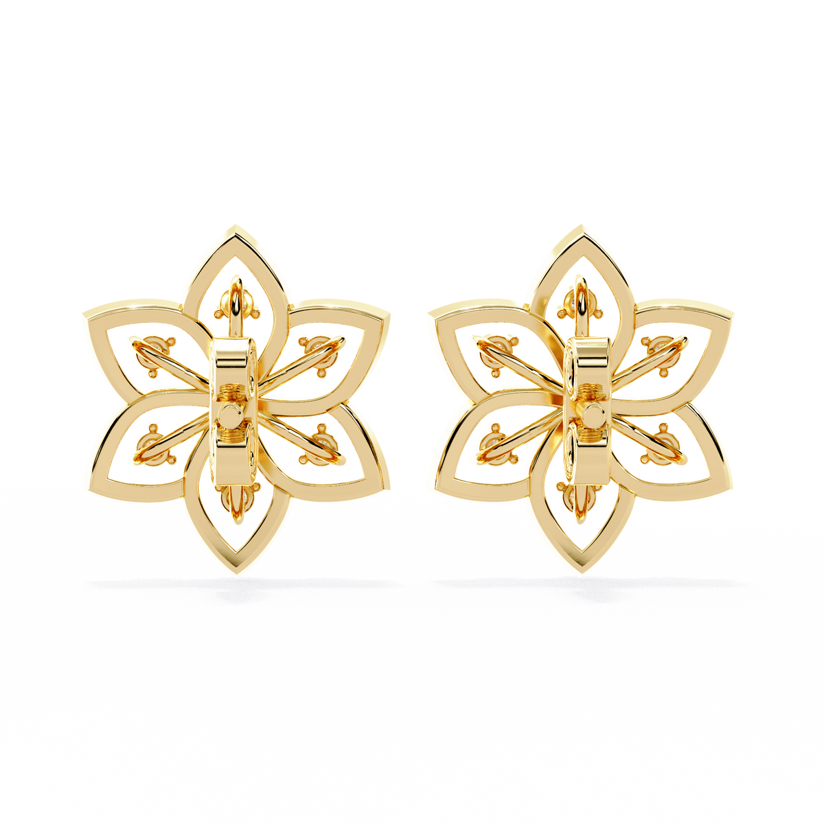 0.1 CTW round diamond six-petal floral stud earrings in Yellow Gold, rear view – Lunéa Paris
