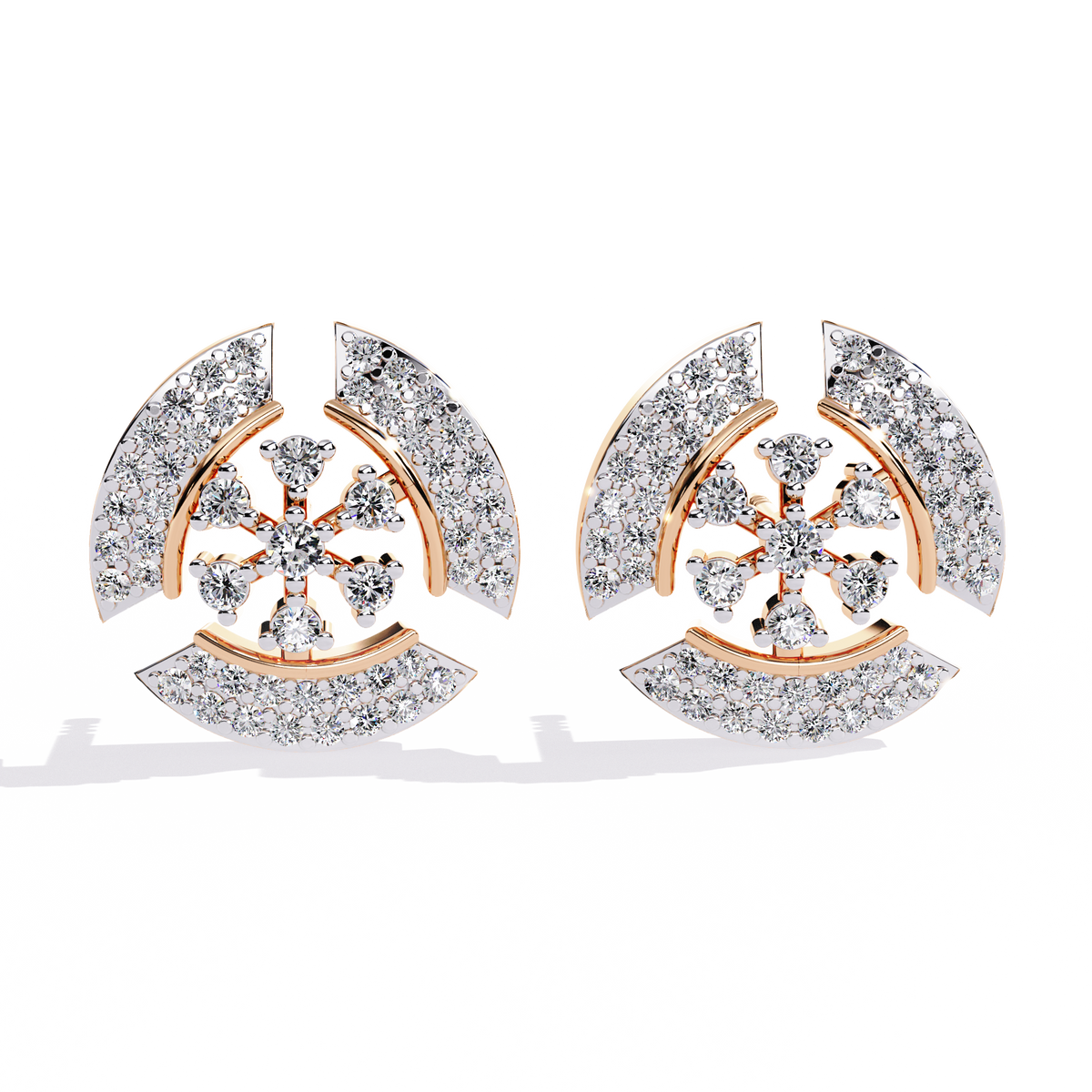 0.5 CTW round diamond geometric circular pavé stud earrings in Rose Gold, front view – Lunéa Paris
