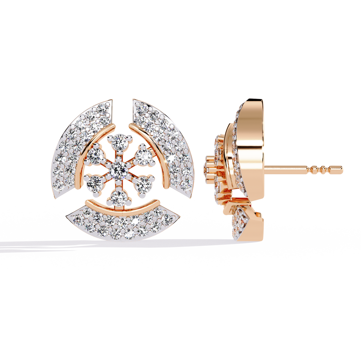 0.5 CTW round diamond geometric circular pavé stud earrings in Rose Gold, side view – Lunéa Paris